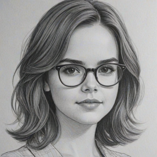 Pleasing Bailee Madison, pencil sketch, portrait of Wonderful woman 1974s in glasses, hair style beatnik, outline, clear lines, fine lines, 8k