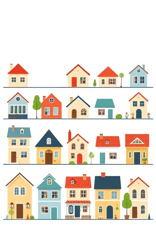 Regenerate a minimalist illustration of various houses in a grid layout, using vector art style, high resolution, 300 DPI, shot with a Canon EOS R5, 50mm lens, f/8 aperture, bright soft lighting, focus on clean lines and playful design.
