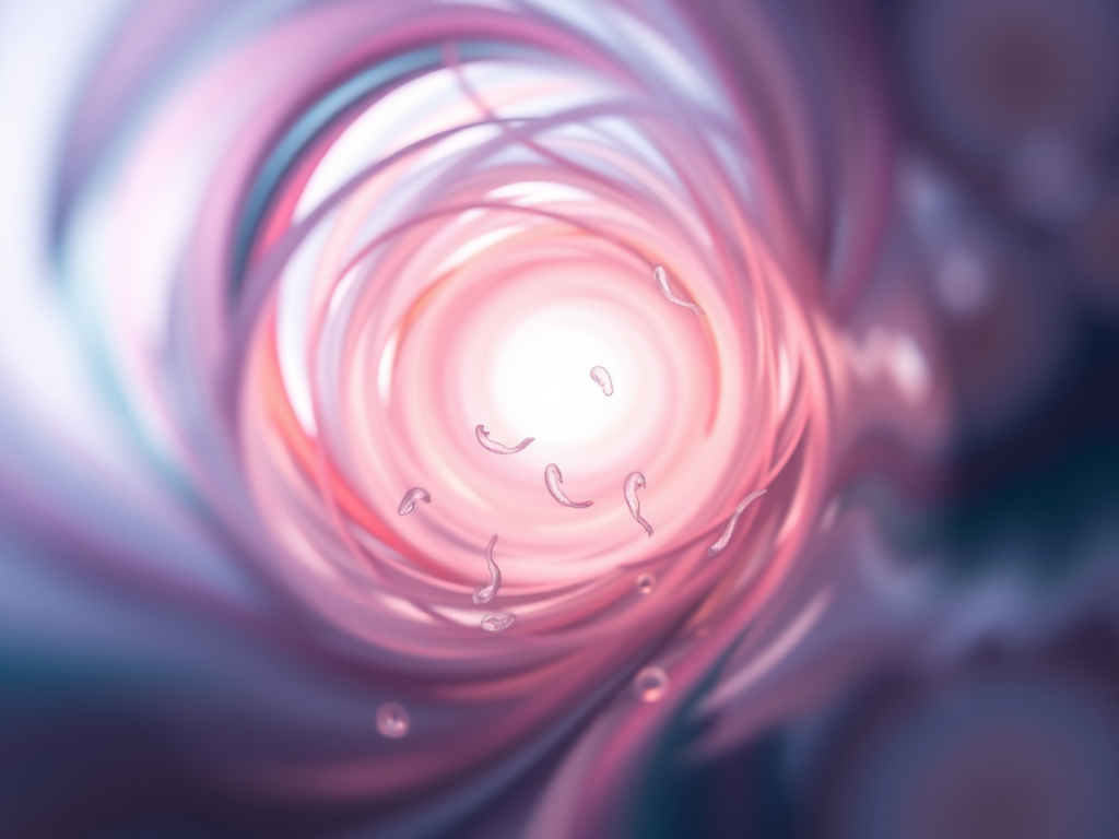 Create an image of abstract swirling colors, depicting a tunnel-like view with soft light at the end and semi-transparent sperm-like shapes swimming towards the light, captured with a DSLR camera at f/2.8, ISO 200, 50mm lens, using a shallow depth of field to enhance the ethereal quality.