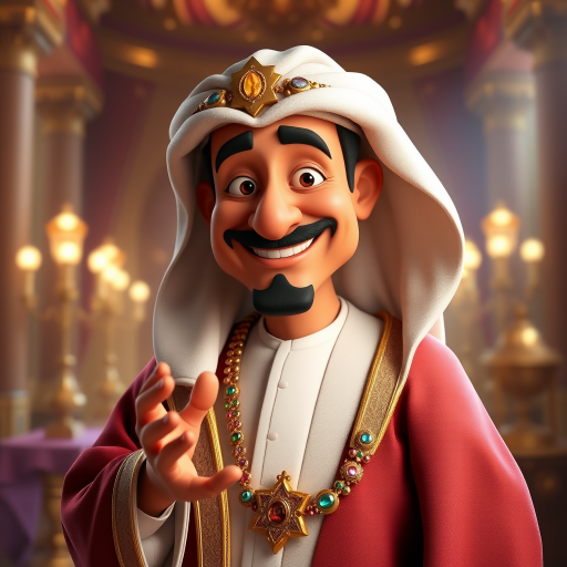 Create a 3D rendering of a wealthy Arab male sheikh from Dubai, inspired by the Disney animation style. The sheikh must have a smile and a playful but wise character. Place your character in an atmosphere of wealth and luxury. The image must be in high resolution format. Dynamic pose above the waist, gesturing with hands (Pixar Art style)++ highly detailed digital painting, art stations, concept art, soft focus, hard focus, illustrations. cinematic, visual effects, HDR, Unreal Engine 5, ray tracing, soft light, 8k, high detail, sparkling backlighting, luxury gem, game art, 3d, cartoon, colorful, magical, mysterious