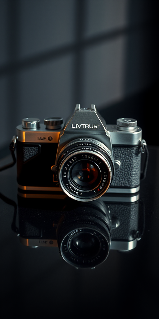 Vintage camera on a dark reflective surface, soft lighting to highlight texture, settings: ISO 100, aperture f/2.8, shutter speed 1/60, focal length 50mm, shot from a low angle for dramatic effect, using a full-frame DSLR camera with a prime lens for sharpness.