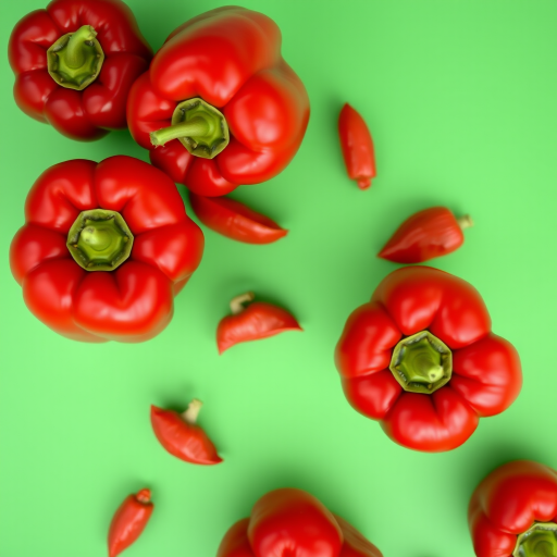 fresh red bell peppers on a green background, macro photography, aperture f/2.8, shutter speed 1/100 sec, ISO 200, soft natural lighting, DSLR camera, top-down view