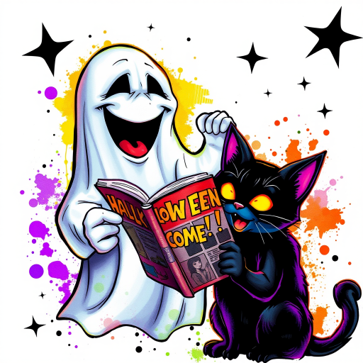 Image of a ghost and a black cat laughing exaggeratedly , and reading a comic halloween comic book, alcohol ink airbrush style, funny halloween theme, white background with neon purple, neon orange, neon green splash, black sparkles stars , dazzling BG
