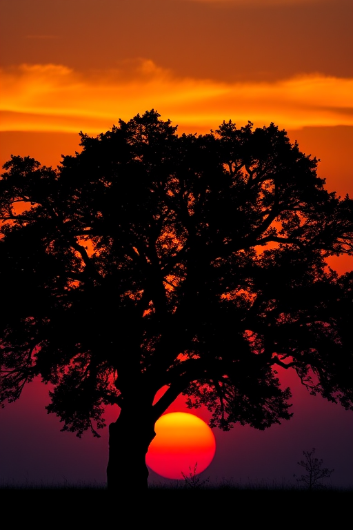 Create a detailed black silhouette of a tree against a gradient sunset background with vibrant orange and purple hues, shot with a Canon EOS 5D Mark IV at f/8, ISO 100, 1/200s, with a standard lens at eye level to enhance clarity and depth.