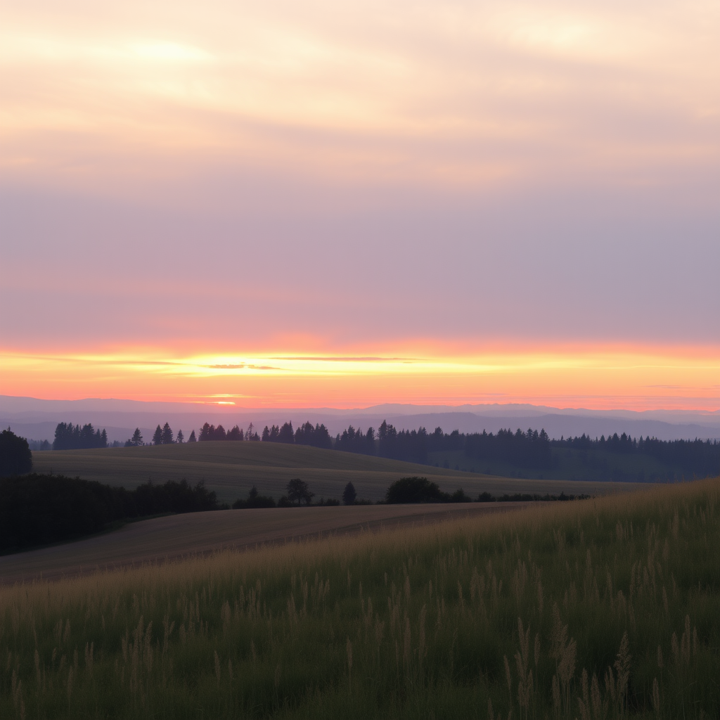 Create a high-resolution image of a serene landscape at sunrise with soft pastel colors, using a DSLR camera, f/11 aperture, ISO 100, 24mm focal length, and a wide-angle view to capture the full expanse of the scene.
