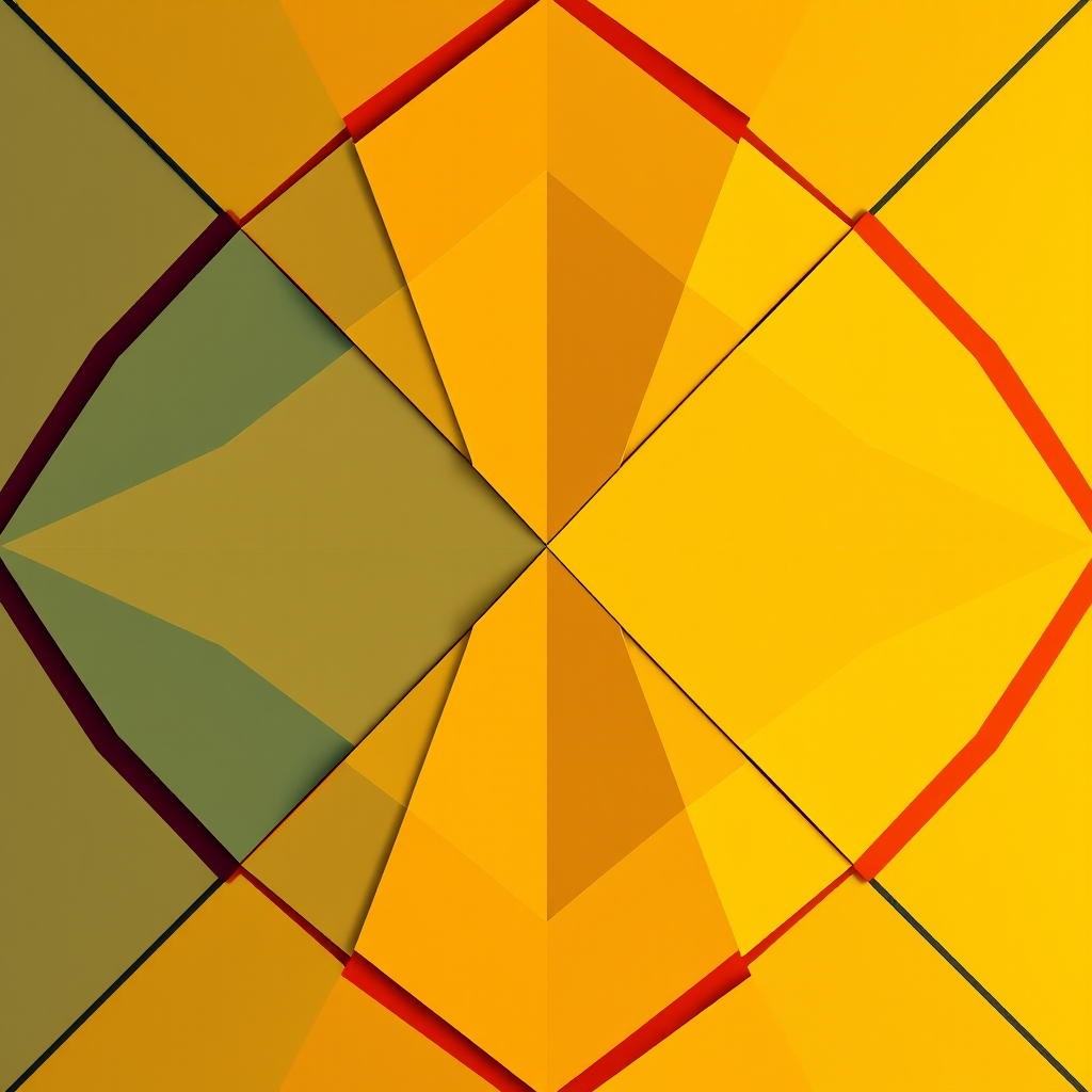 Create an abstract geometric pattern with sharp angles and vibrant colors, captured using a Canon EOS R5 with a 50mm lens, aperture f/1.8, ISO 100, and a top-down view to enhance depth and detail.