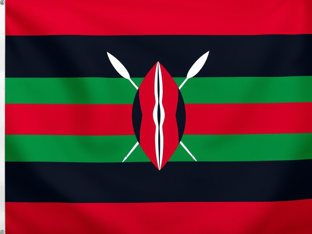 Create an image of the Kenyan flag featuring horizontal stripes of black, red, white, and green with a red and black shield at the center and two white spears crossing behind it using a high-resolution digital camera with a 50mm lens, f/8 aperture, 1/250 sec shutter speed, ISO 100, taken from a straight-on view with vibrant color settings.