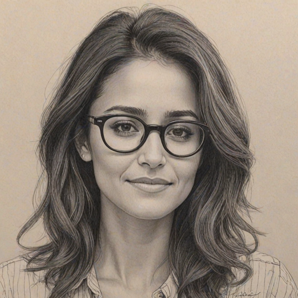 Captivating Emmanuelle Chriqui, pencil sketch, portrait of Sublime woman 1967s in glasses, hair style beatnik, outline, clear lines, fine lines, 8k