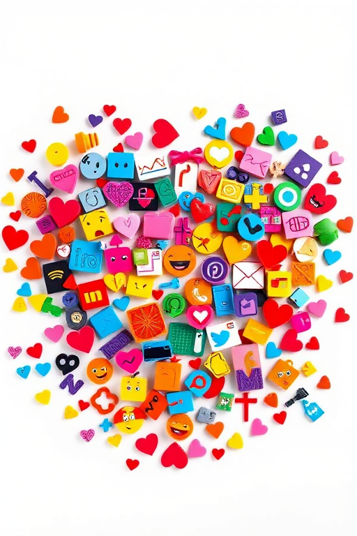 Generate a vibrant heart shape collage made of diverse colorful icons, high resolution, shot with a Canon EOS R5, 50mm lens, f/1.8 aperture, ISO 100, top-down view, using bright, contrasting colors for enhanced visual appeal.