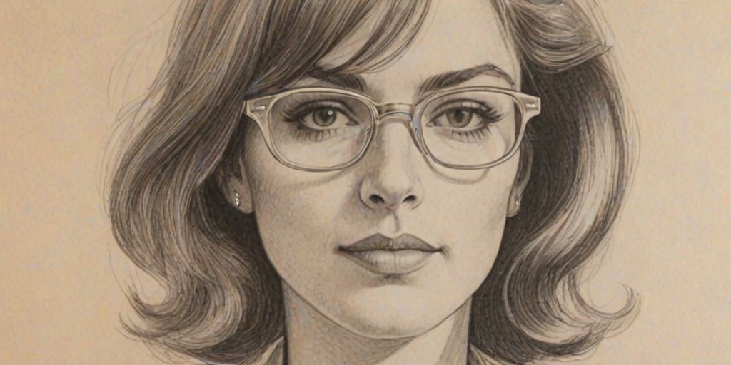 Resplendent Annie Jacob, pencil sketch, portrait of Splendid woman 1968s in glasses, hair style beatnik, outline, clear lines, fine lines, 8k