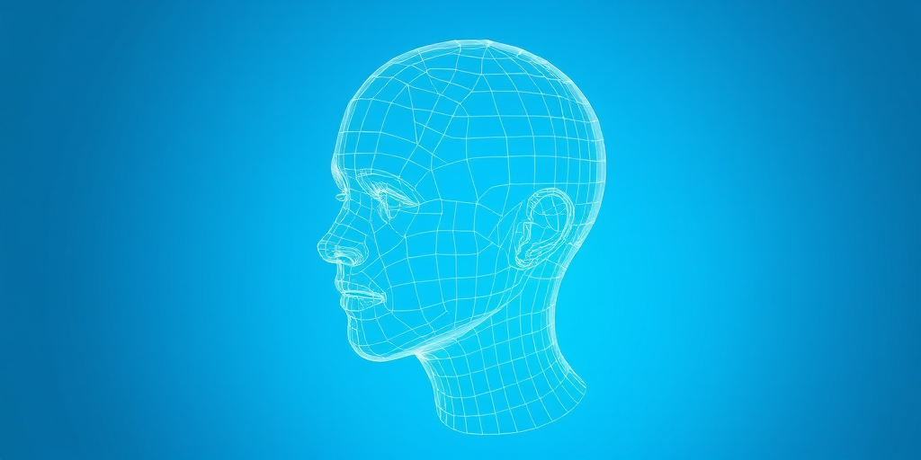 Create a high-resolution 3D wireframe model of a human head with a smooth gradient blue background, capture using a Canon EOS R5, with a 50mm lens at f/1.8, ISO 100, and a wide-angle view for enhanced details.