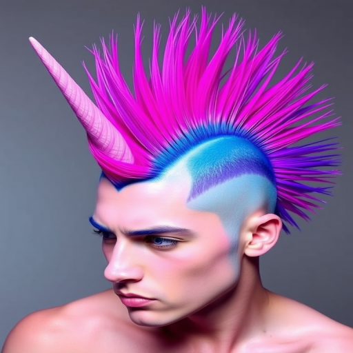 Striking Neon Unicorn Mohawk with electric blue base color fading into vivid purple and hot pink streaks, styled into a dramatic upswept crest for a fierce and eye-catching look
