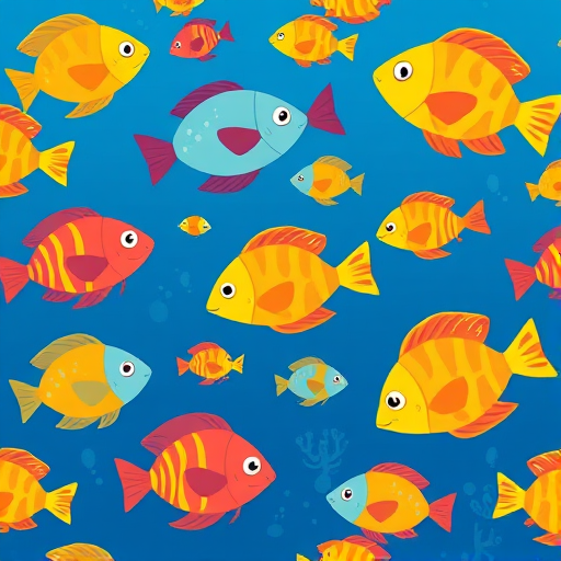 Create a vibrant underwater pattern featuring various cartoon-style fish in bright colors on a deep blue background, using a DSLR camera with a 50mm lens, f/2.8 aperture, ISO 100, and a shallow depth of field to enhance image quality.