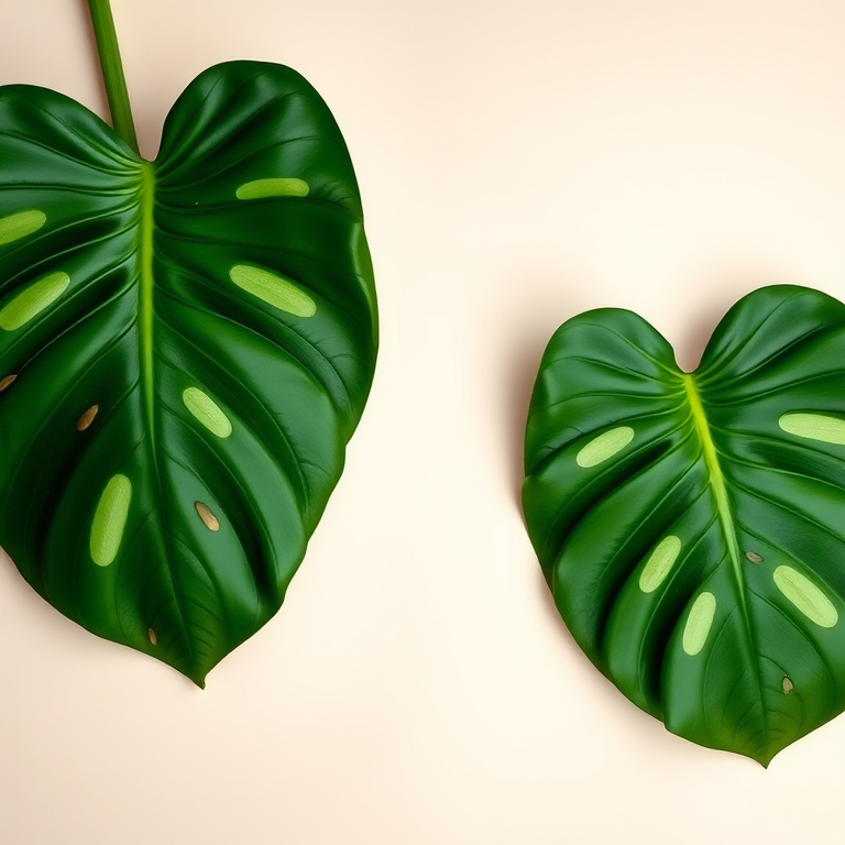 Regenerate an abstract composition featuring two green monstera leaves on a soft, neutral background, using a Canon EOS R5 with a 50mm lens, aperture f/2.8, ISO 100, and a top-down view for enhanced depth and clarity.