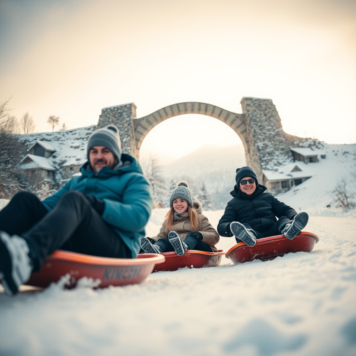 Create a winter scene with three people sledding on a snowy landscape, an arched stone bridge in the background, soft natural lighting, wide-angle lens, ISO 200, f/8 aperture, 1/200 sec shutter speed, DSLR camera.