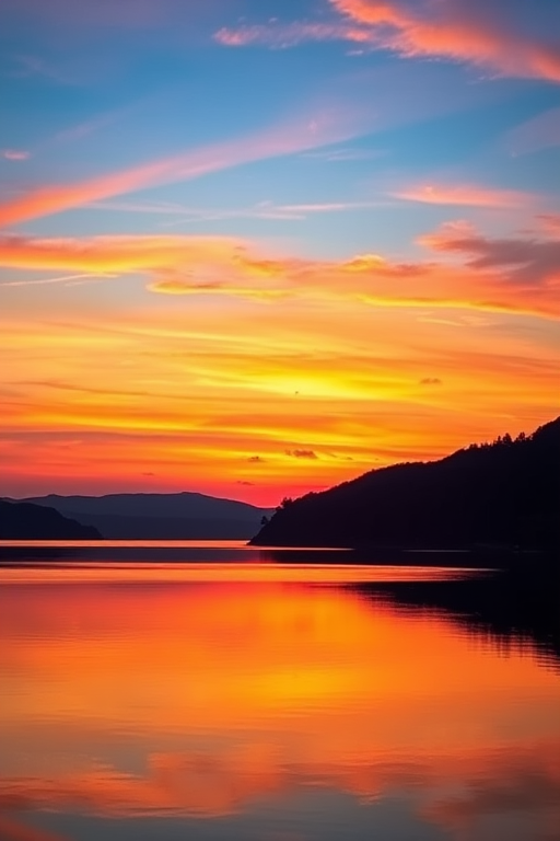Create a high-resolution image of a serene landscape at sunset, with vibrant colors reflecting off calm water, using a DSLR camera at f/8 aperture, ISO 100, 24mm focal length, shot in landscape orientation, with a soft vignette effect for depth.