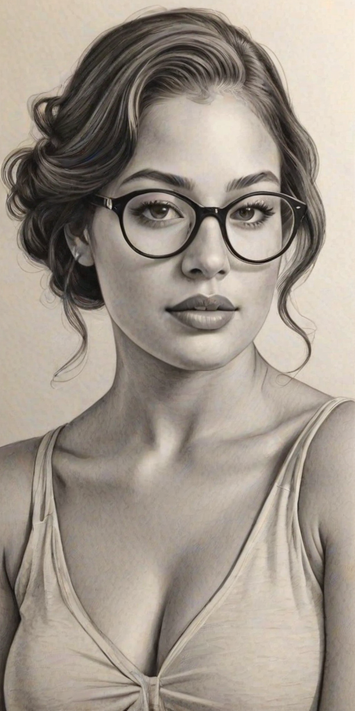 Lovely Ashley Graham, pencil sketch, portrait of Enchanting woman 1928s in glasses, hair style beatnik, outline, clear lines, fine lines, 8k