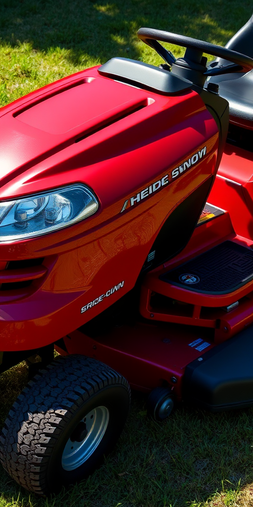 Generate a high-resolution image of a red ride-on lawn mower with detailed contours and shadows, camera settings: f/8, ISO 100, shutter speed 1/250s, camera view: angled side view, camera style: digital illustration, camera type: DSLR.