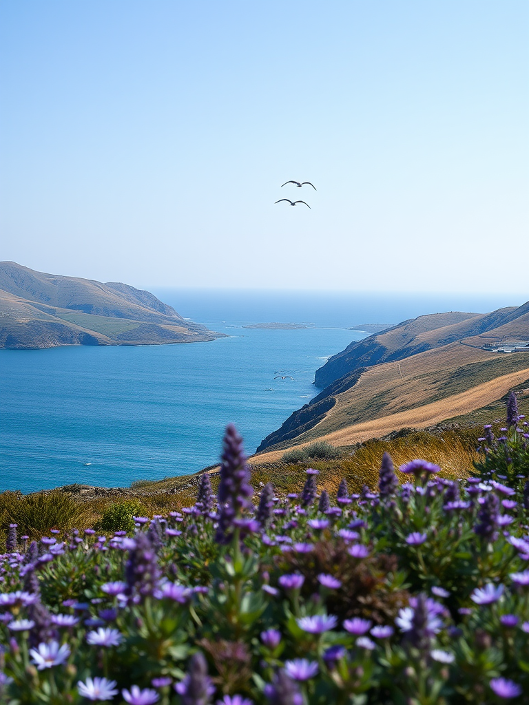 generate a serene coastal landscape featuring rolling hills, a calm blue ocean, and purple flowers in the foreground under a clear sky with three birds in the distance using a DSLR camera at f/8 aperture, ISO 100, 24mm focal length, and a wide-angle lens for enhanced depth of field and clarity.