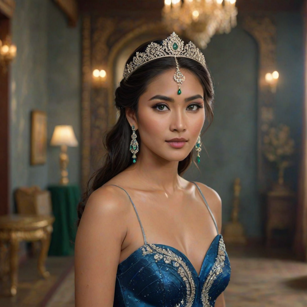 A gorgeous Bhutanese woman in a luxurious blue gown, accessorized with a dazzling tiara and statement earrings, her deep green eyes highlighted by impeccable makeup, poised in a royal setting, photorealistic, 8K quality