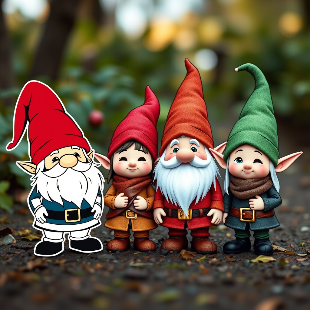 Regenerate the image of four cartoon characters resembling gnomes and elves, with two in white outline and two in color, using a DSLR camera with a 50mm lens, aperture f/2.8, ISO 100, natural lighting, and a slightly overhead angle to enhance details and vibrancy.