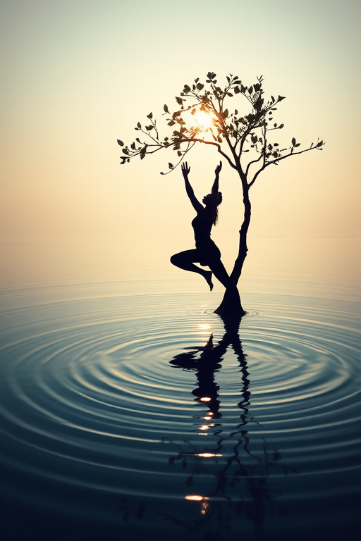 Create a serene image of a silhouette of a person practicing yoga while balancing a tree, emerging from a calm water surface with ripples, captured from a low-angle perspective using a DSLR camera with a 50mm lens, aperture set at f/2.8, shutter speed at 1/250s, ISO 100, in a soft natural lighting environment to enhance the tranquility of the scene.