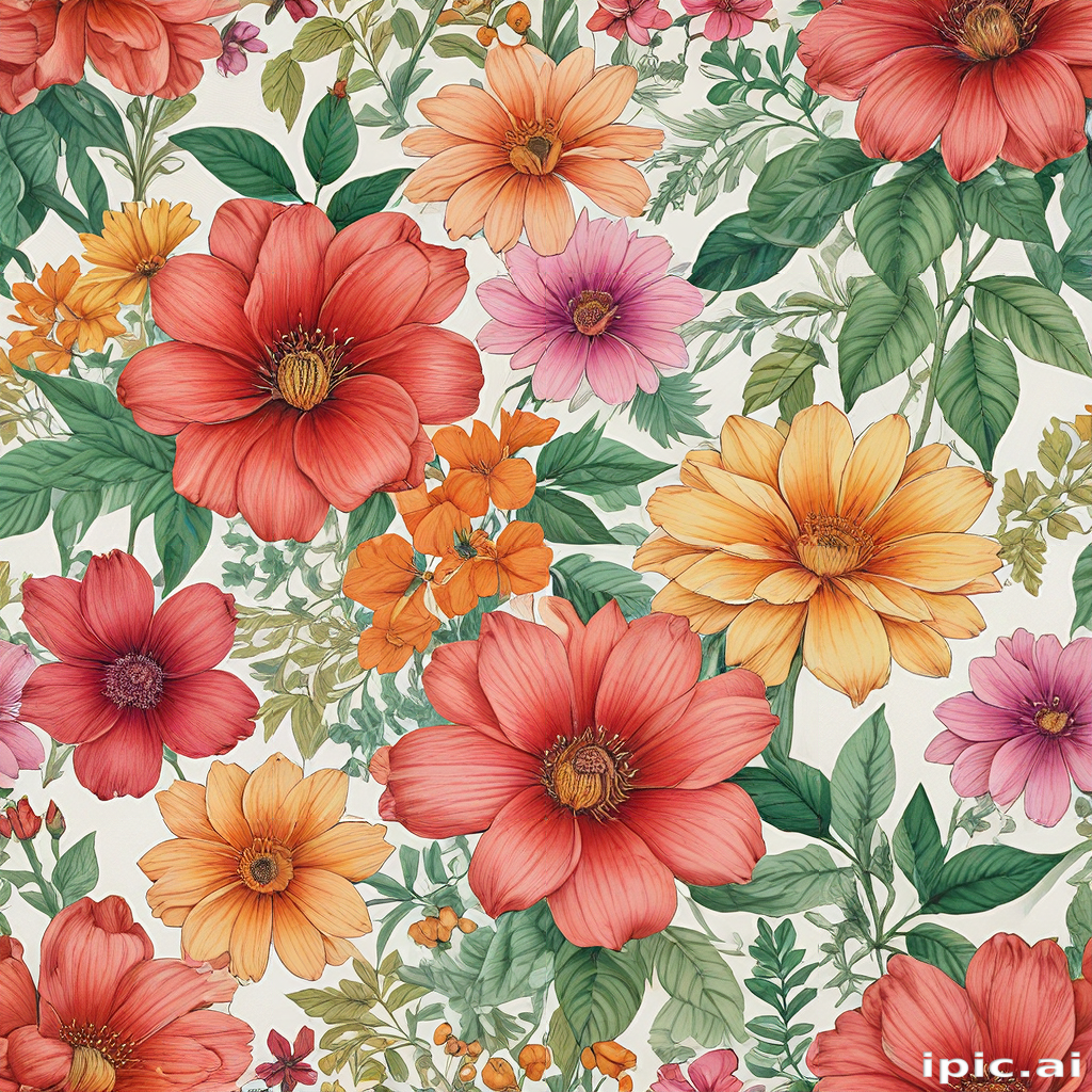 A Vibrant Floral Pattern Featuring Colorful Flowers and Lush Green Leaves.