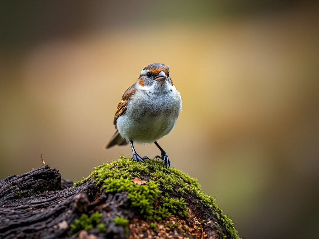 Capture a close-up of a sparrow perched on a mossy log with a blurred background, using a DSLR camera at f/2.8, ISO 400, 1/500s shutter speed, in natural light with a shallow depth of field for a crisp subject focus.