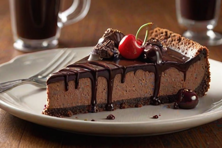 Create an image of a decadent chocolate cherry cheesecake with a glossy chocolate ganache topping. The cheesecake should have a rich layered appearance, featuring a crust made of dark chocolate cookies, a creamy filling with swirls of cherry, and topped with fresh cherries and chocolate shavings. The setting should be warm and inviting, highlighting the dessert's indulgent nature.