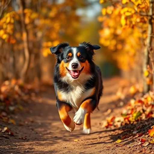A happy Australian Shepherd running on a dirt path surrounded by autumn foliage, captured with a Canon EOS R5, 85mm lens, f/2.8 aperture, ISO 200, 1/500s shutter speed, shallow depth of field for a soft background blur, natural light for a warm, vibrant feel.