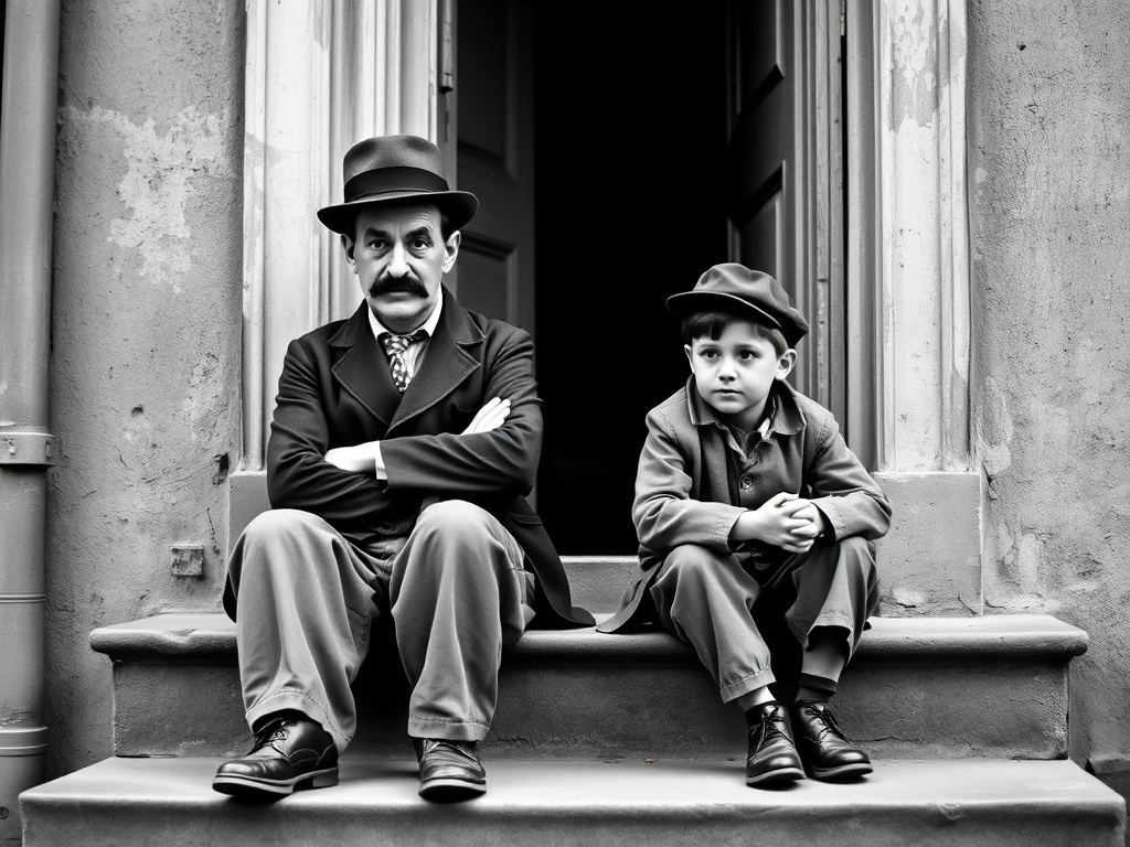A black-and-white photograph of a man and a child sitting on steps in front of a doorway. The man is dressed as a tramp with a bowler hat, mustache, and ragged clothes, reminiscent of Charlie Chaplin's iconic look. He is sitting with his arms crossed and an expression of slight sadness or frustration. Next to him is a young boy, also in worn clothes and a cap, sitting with his hands clasped, looking thoughtful. The background is an old, textured wall and a partially open door, creating a vintage, early 20th-century atmosphere.