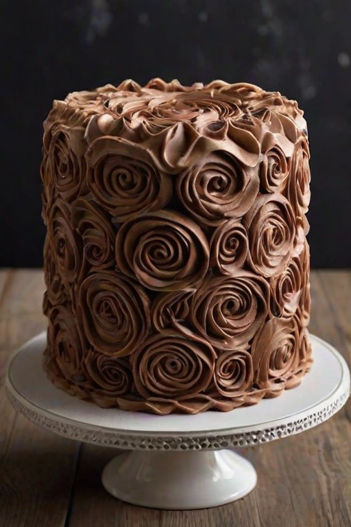 Create an image of a round cake with a textured exterior featuring elegant swirls. The cake is topped with beautifully piped frosting rosettes. Use a color palette of muted browns and creams, and place the cake on a simple, rustic setting with a dark background. Include a hint of coffee or chocolate elements in the scene to enhance the dessert theme.