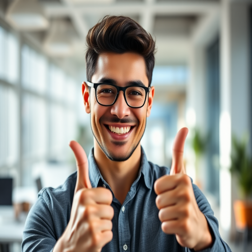 A smiling man giving two thumbs up in a modern office setting with soft natural light, captured with a DSLR camera at f/2.8 aperture, 50mm lens, ISO 200, and a shallow depth of field to emphasize the subject and blur the background.