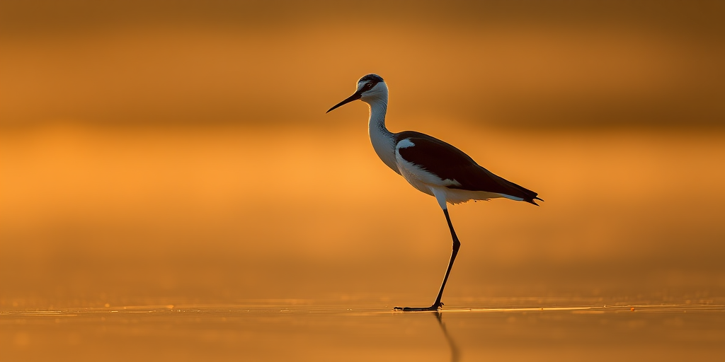 capture a black-winged stilt bird standing gracefully on a reflective surface at sunset with soft golden lighting using a Canon EOS R5, 85mm f/1.4 lens, with an aperture of f/2.8, shutter speed of 1/1000s, ISO 200, and a shallow depth of field to enhance image quality