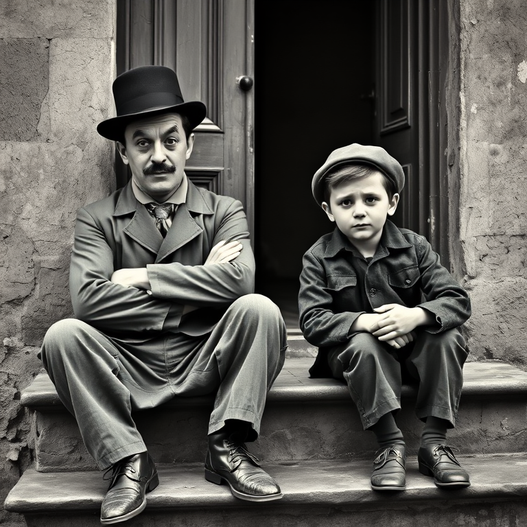 A black-and-white photograph of a man and a child sitting on steps in front of a doorway. The man is dressed as a tramp with a bowler hat, mustache, and ragged clothes, reminiscent of Charlie Chaplin's iconic look. He is sitting with his arms crossed and an expression of slight sadness or frustration. Next to him is a young boy, also in worn clothes and a cap, sitting with his hands clasped, looking thoughtful. The background is an old, textured wall and a partially open door, creating a vintage, early 20th-century atmosphere.