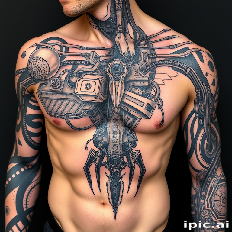 Futuristic biomechanical tattoo titled "Cybernetic Fusion" combining elements of human anatomy with mechanical components in a seamless and intricate design that appears to reveal the inner workings of a cyborg beneath the skin, utilizing a mix of realistic shading and geometric patterns to create a striking contrast between organic and artificial elements