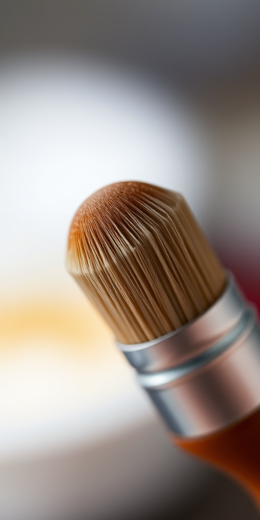 Generate a high-resolution image of a paintbrush with a rounded tip and a brown handle, shot with a Canon EOS R5 at f/2.8, 1/200s, ISO 100, using a macro lens to capture fine details, with a soft focus background for depth.
