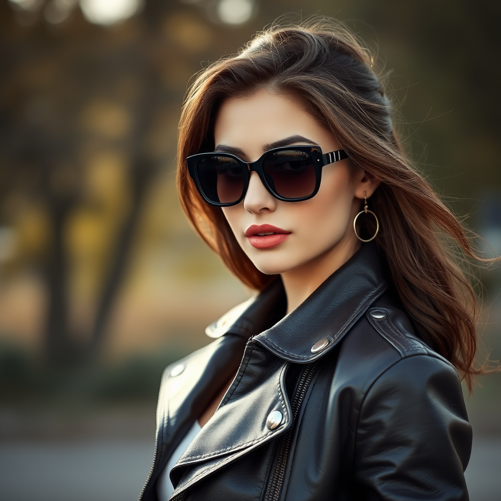 Outdoor shot, stunning female model, vintage leather jacket, sunglasses, cinematic effect, Position the camera at the model’s eye level using a 35mm f/1.4 lens
