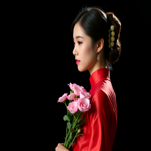 portrait of a woman in a red traditional dress holding pink flowers against a dark background, soft lighting with a spotlight effect, camera settings: f/2.8, ISO 100, 1/200s, camera view: side profile, camera style: high dynamic range, camera type: DSLR