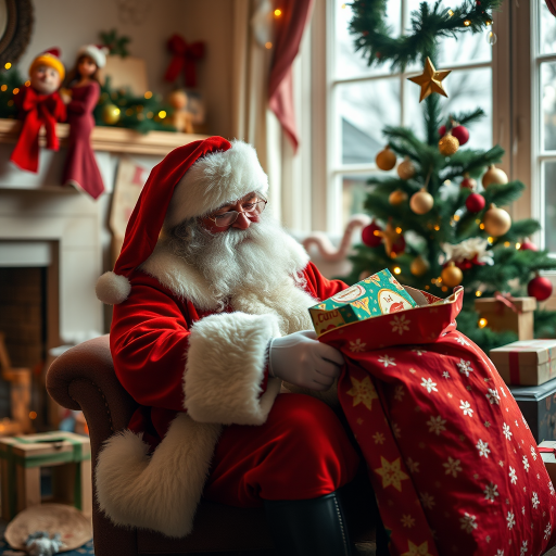 Santa Claus sitting in a cozy room decorated for Christmas, opening a colorful gift bag, natural lighting, f/2.8 aperture, 50mm lens, 1/200 sec shutter speed, using a DSLR camera with a warm color profile.