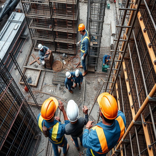 Construction site with workers in hard hats amidst steel rebar and scaffolding, taken with a DSLR camera, 50mm lens, f/2.8 aperture, ISO 100, and a top-down perspective for enhanced detail and clarity.