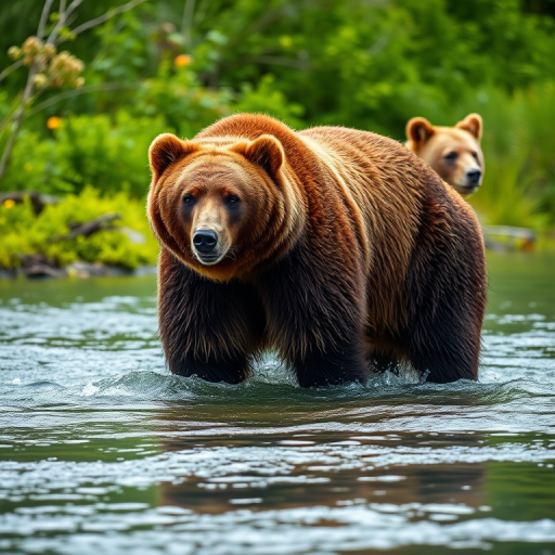 Create a high-resolution image of a grizzly bear standing in a lush river surrounded by greenery, using a DSLR camera with a 50mm lens, aperture f/2.8, ISO 100, and a shallow depth of field for a soft background blur, capturing the scene in vibrant daylight for enhanced colors.