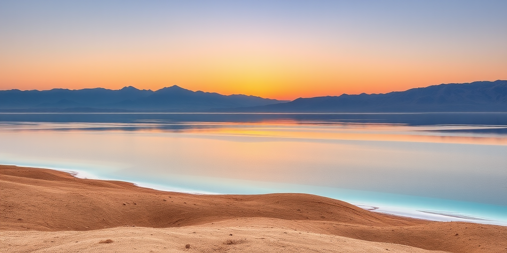 landscape of the Dead Sea with surrounding mountains in the background, captured with a Canon EOS 5D Mark IV, 70mm lens, f/8 aperture, ISO 100, at sunrise for enhanced colors and clarity