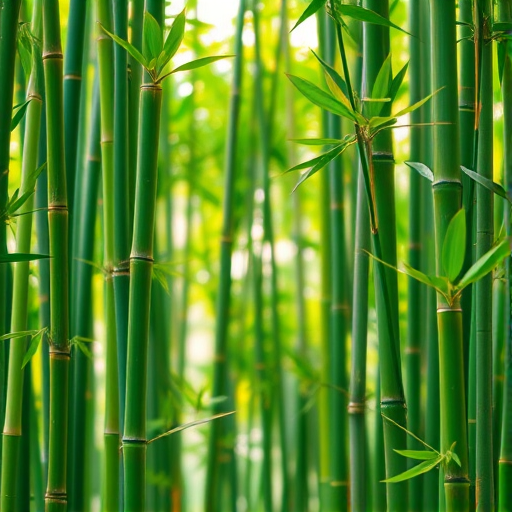 Create a vibrant illustration of bamboo stalks with fresh green color, capturing fine details of the leaves, using a Canon EOS R5 camera with a 50mm f/1.2 lens, aperture set to f/2.8, ISO 100, and soft diffused lighting for a natural look.