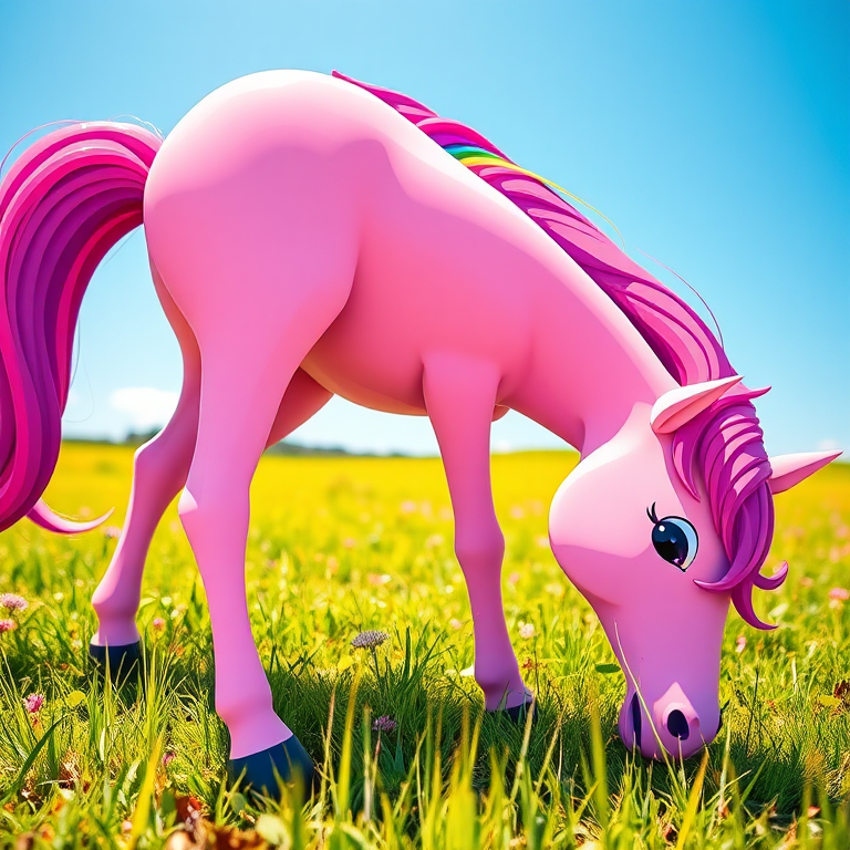 Create a vibrant cartoon-style illustration of a pink unicorn with a rainbow mane, grazing on a bright grassy field, captured with a Canon EOS 5D Mark IV, 50mm lens, f/2.8 aperture, ISO 100, taken from a low angle view to emphasize the unicorn's features and vivid colors.
