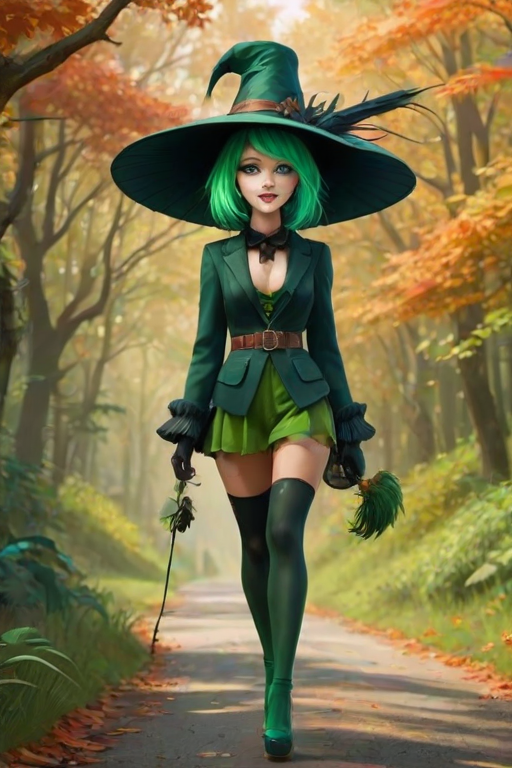 digital art fantasy depicting a strange girl with green hair, long eyelashes, green lipstick and a tall hat walking along a winding road on an autumn afternoon, an Umbrellabird smiles as she passes