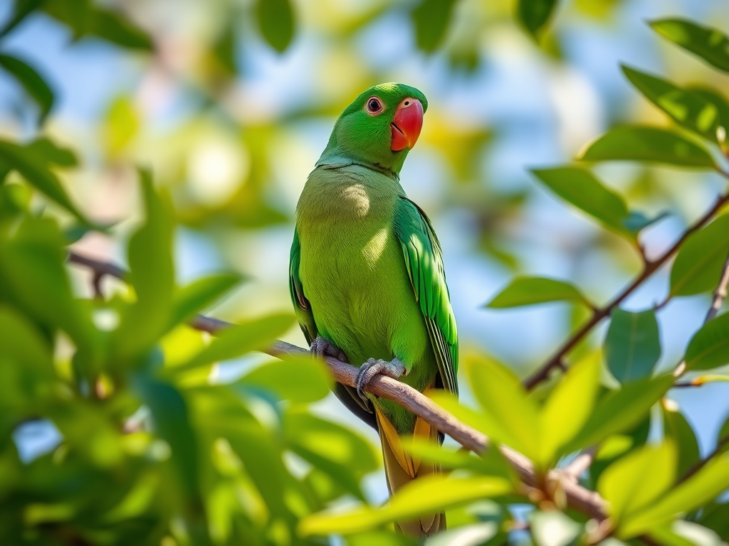 Regenerate an image of a green parrot perched on a tree branch surrounded by green leaves under bright daylight, camera settings: ISO 200, aperture f/4, shutter speed 1/500s, view: close-up, style: high definition, type: DSLR.