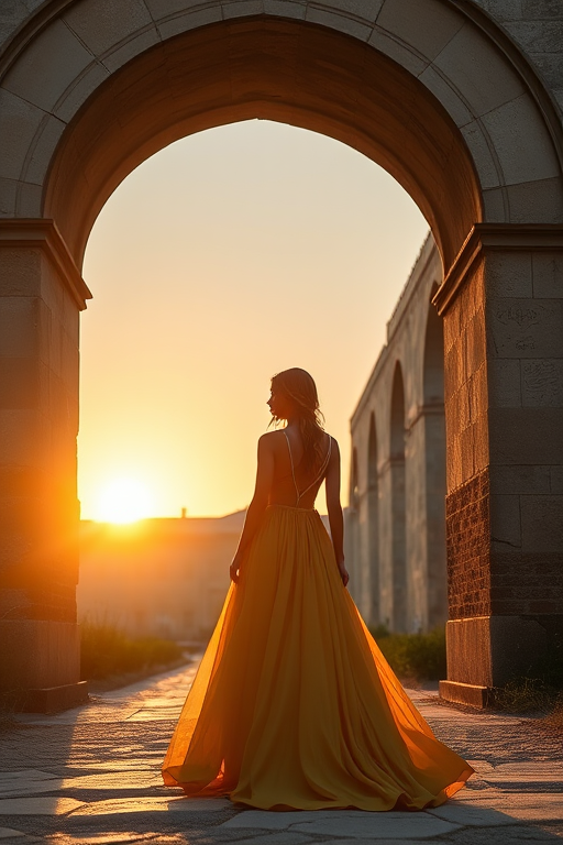 regenerate a scene of a woman in a flowing golden gown standing in a picturesque ancient archway during sunset with soft light illuminating the scene, 85mm lens, f/1.8 aperture, ISO 100, backlighted for a dreamy effect, shot with a Canon EOS R5