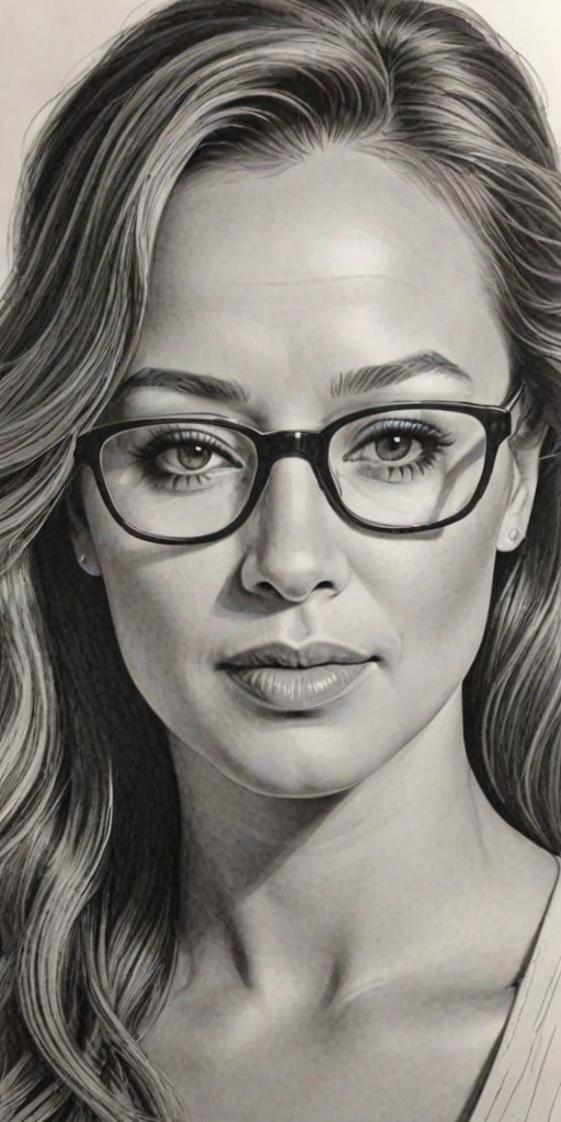 Charming Leah Remini, pencil sketch, portrait of Alluring woman 1924s in glasses, hair style beatnik, outline, clear lines, fine lines, 8k
