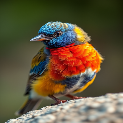 regenerate a close-up image of a colorful bird perched on a rock, captured in natural light with a shallow depth of field, using a DSLR camera, 85mm lens, aperture f/2.8, ISO 200, and shutter speed 1/200 sec for enhanced detail and clarity in the feathers.